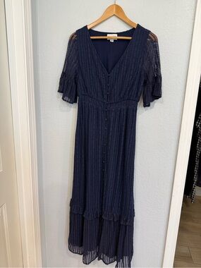 XS Navy Blue Lace Button Front Dress w/ Short Flutter Sleeves & Tiered Skirt